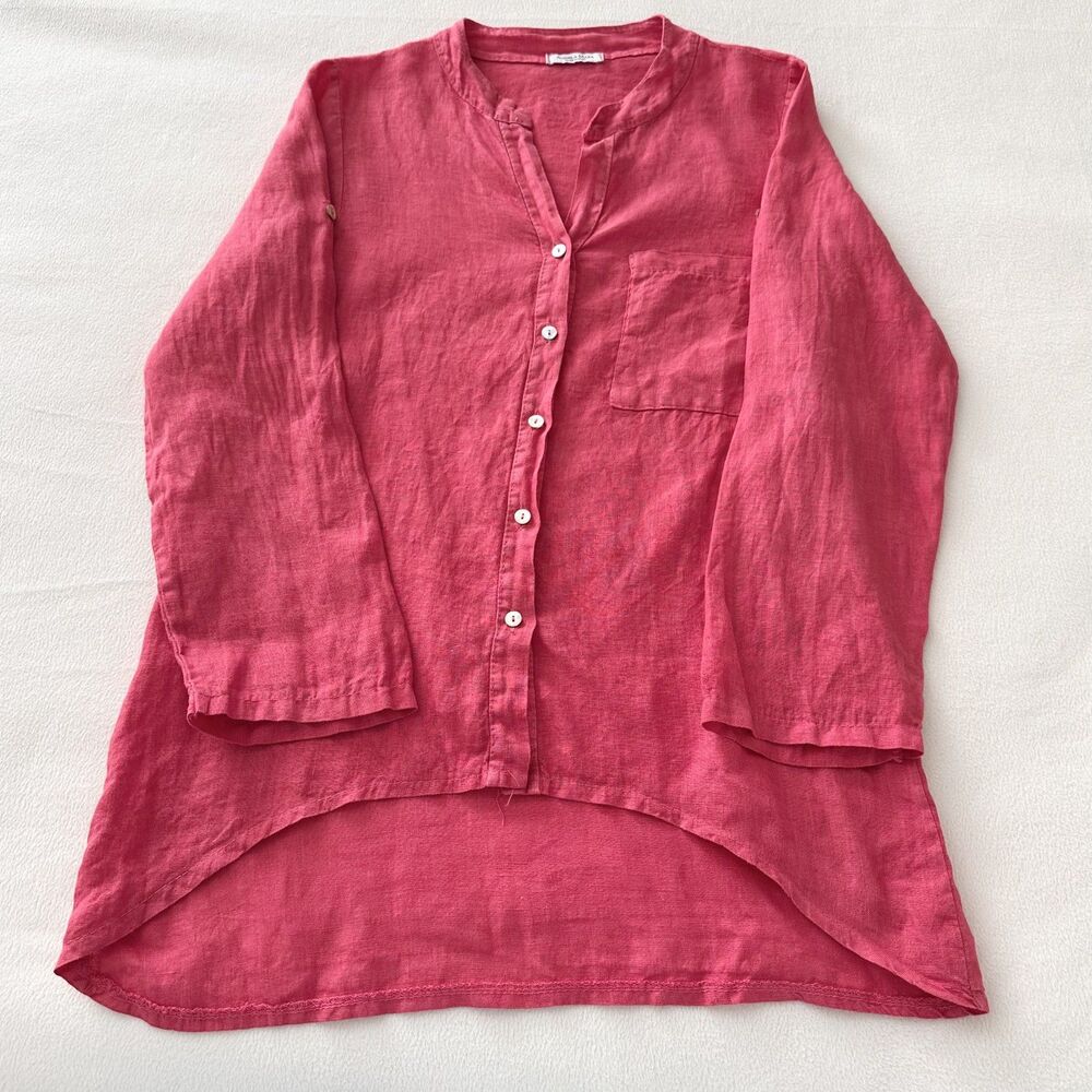 Angela Mara Italy Pink Linen Look Tunic Top Button Front High Low Lightweight - Picture 6 of 9